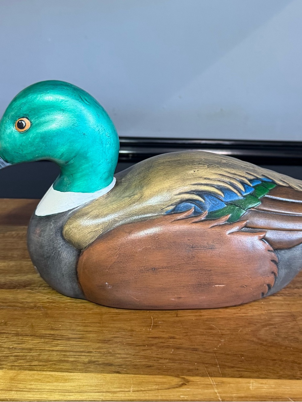 Hand-Painted Teal Head Duck Sculpture - Decorative Home Art